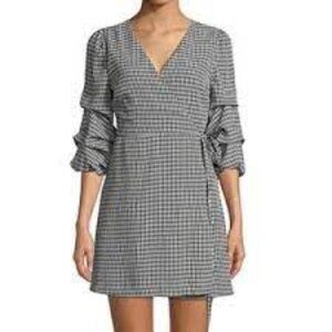 HIGHLINE COLLECTIVE BLACK WHITE 3/4 PUFFY SLEEVE WRAP MINI DRESS